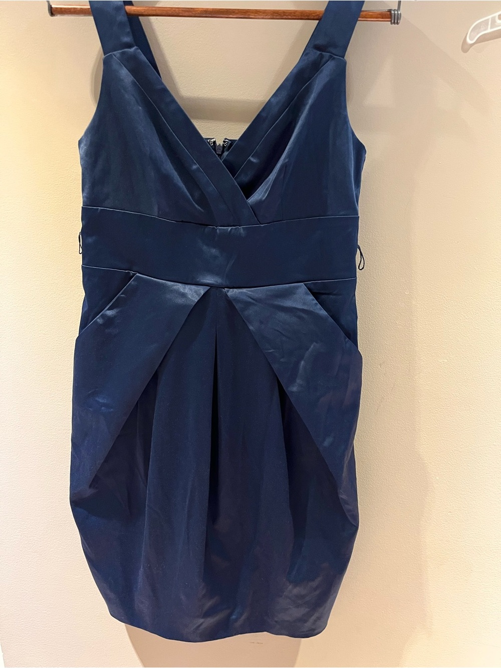 Suzy Shier Navy Satin V-Neck Pleated Mini Dress